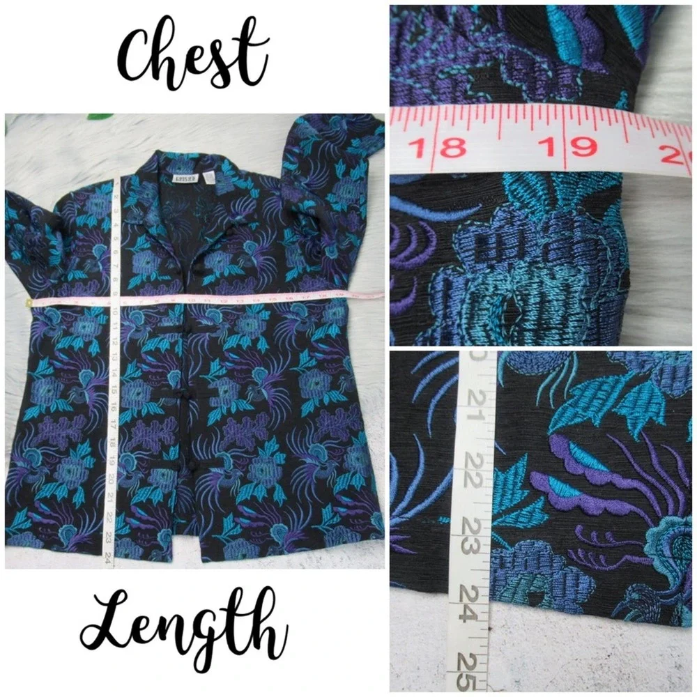 CHICO’S Japanese Asian Inspired Embroidered Silk Linen Blend Toggle Front Jacket